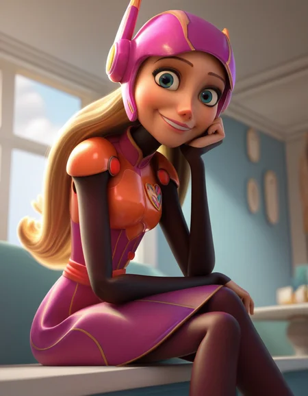 score_9, score_8_up, score_7_up, source_anime, <lora:honey-lemon-movie-ponyxl-lora-nochekaiser:1>, honey lemon, long hair, blonde hair, 3d,, dress, pantyhose, helmet, android, robot ears,, indoors, smile, looking at viewer, solo, sitting, head rest,, cowboy shot, dutch angle