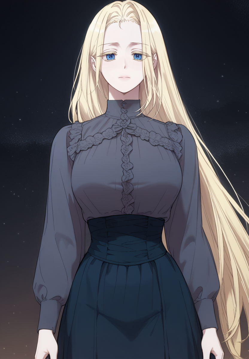 zPDXL3, score_9_up, score_8_up, score_7_up, (Anime_source),Masterpiece,(perfect female body:1.2), small waist, (incredibly detailed:1.4), slim, beautiful fingers, beautiful white skin, Beautiful clear skin, (large breasts:1.4)  thighs, looking at viewer, big breasts, ass, perfect ass,  <lora:Annette_Rosenberg_-_My_Beloved_Oppressor-Kaleid_PONY:1> annetterosenberg, blue eyes, 1girl, solo, blonde hair, blonde eyelashes, expressionless, closed mouth, dark circles, long hair, dress, long sleeves, large breasts, small waist