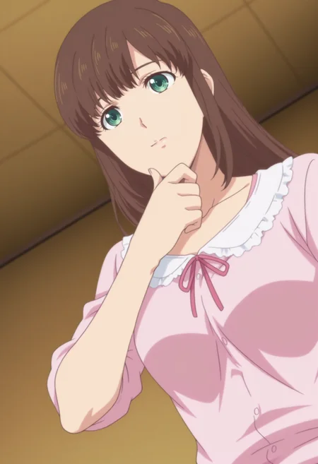 anime screencap, anime coloring, 1girl, solo, <lora:DX888Tachibana:1> tachibana hina,green eyes, brown hair, long hair, hair down, BREAKpink background, triangle background, BREAK dutch angle, from below, dynamic pose, posing, , light smile, stroking own chin,