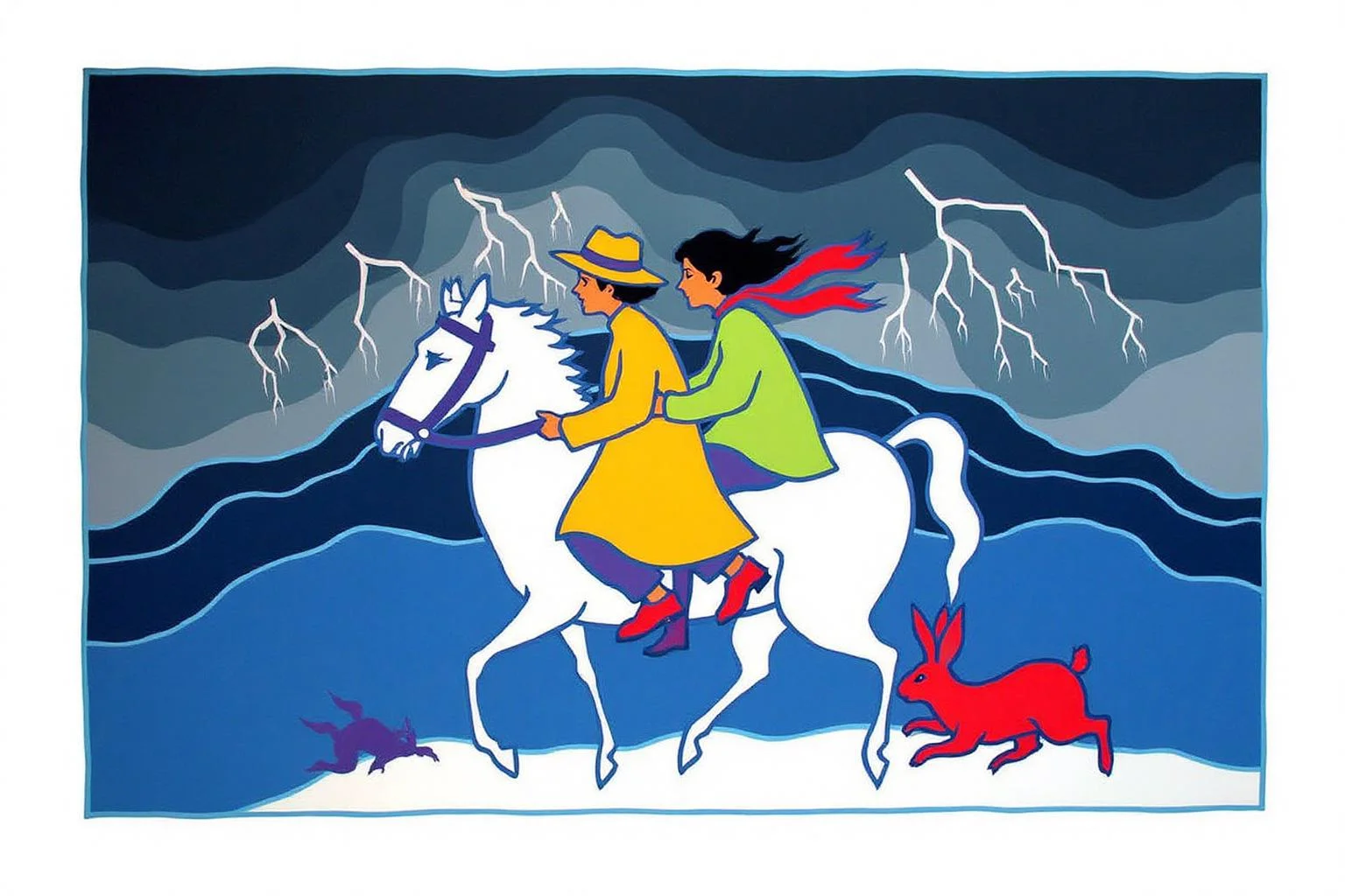 teha1 illustration.
two figures riding a white horse against a dramatic, stormy background. The rider on the left wears a bright yellow coat and a wide-brimmed hat, while the rider on the right wears a green coat and a red scarf that billows behind them, suggesting movement. There is a red rabbit running on the ground. <lora:teha1_cap_d6a3e11:1.0><lora:827654066671878589:0>