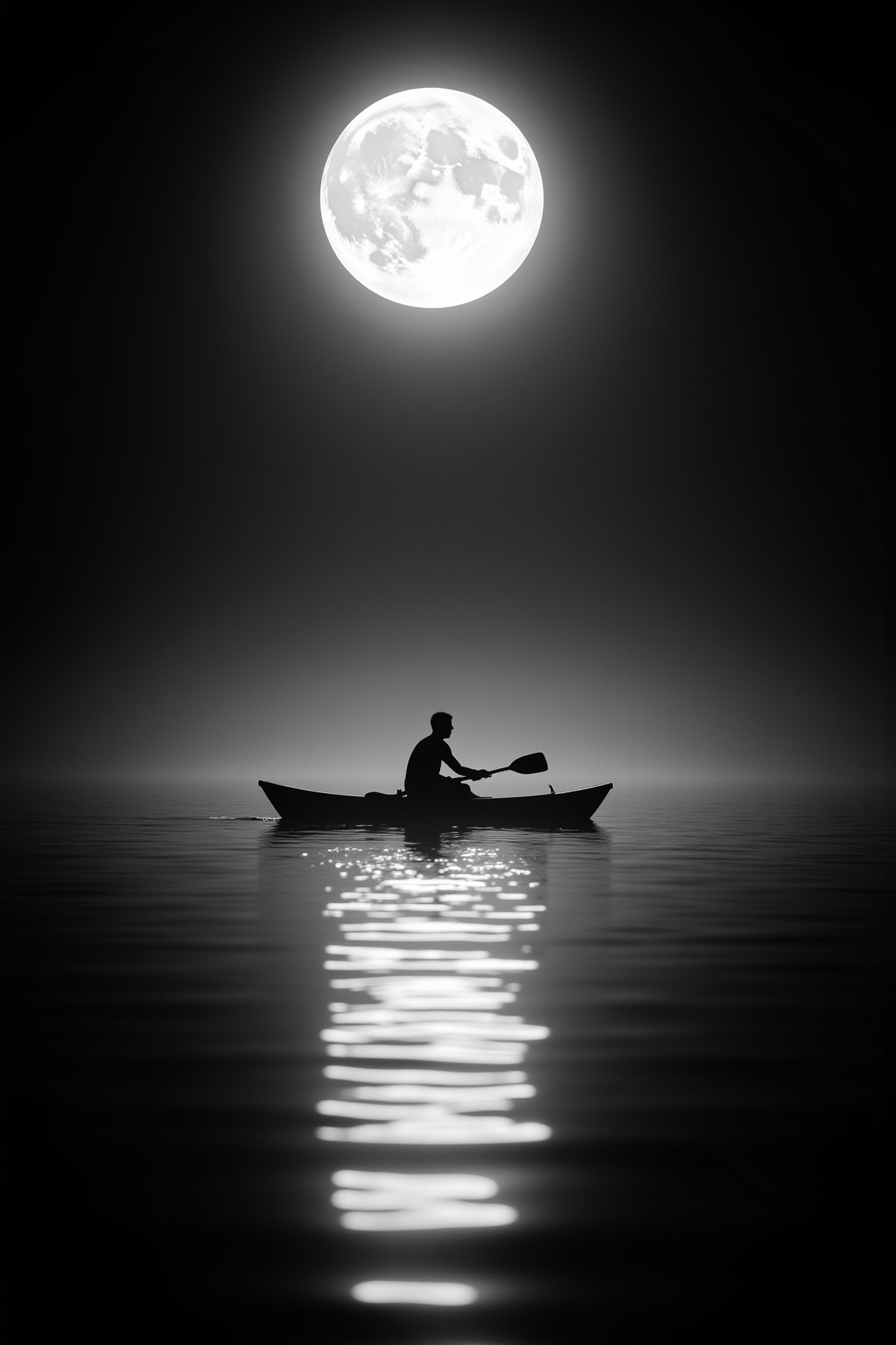 aidmaMJ6.1,

This is a high-contrast black-and-white photograph featuring a solitary rower in a small boat, centered on a calm body of water. The subject, a person in silhouette, is positioned in the middle of the frame, adhering to the rule of thirds, with the boat slightly off-center to the right. The individual is using a single oar, creating a sense of balance and stillness. 

Dominating the background is a large, full moon, glowing brightly against the dark night sky, casting an ethereal light across the water. The moonlight reflects off the water’s surface, creating a serene and reflective ambiance. The image uses natural lighting from the moon, which is the primary light source, and the water acts as a mirror, enhancing the tranquil atmosphere.

The photograph employs a shallow depth of field, keeping the background (moon and sky) in focus, while the foreground (the rower and boat) remains sharp. The composition utilizes symmetry, with the rower and boat forming a vertical line that draws the viewer’s eye upward toward the moon. The texture of the water is smooth, with gentle ripples, and the overall mood is peaceful and contemplative.