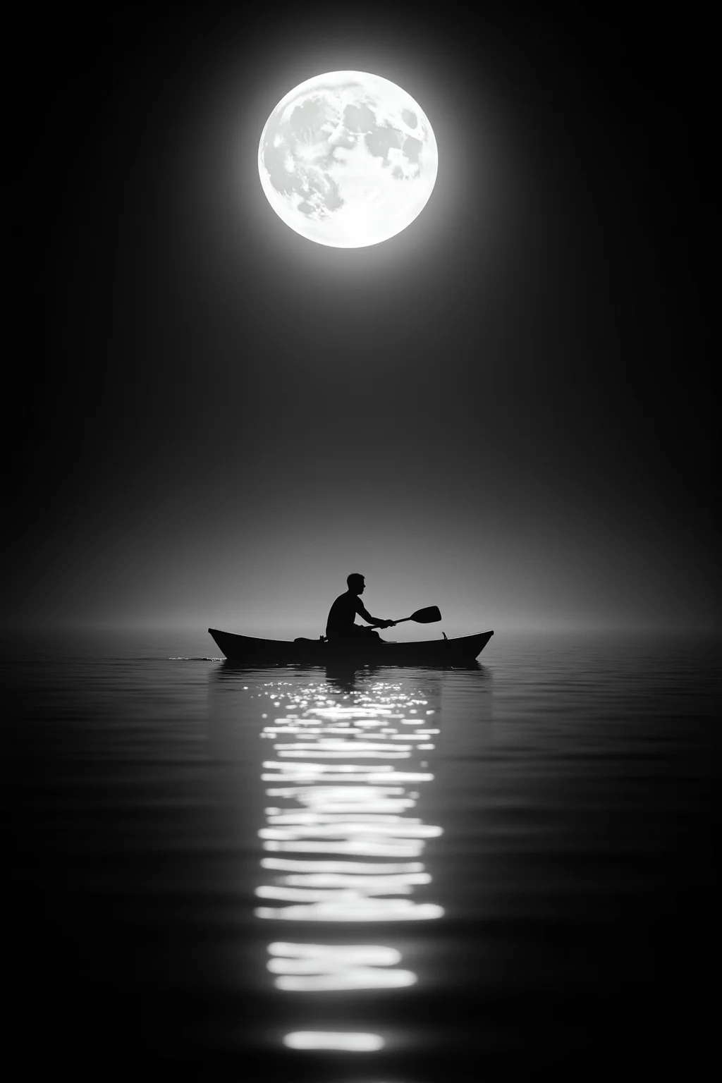aidmaMJ6.1,
This is a high-contrast black-and-white photograph featuring a solitary rower in a small boat, centered on a calm body of water. The subject, a person in silhouette, is positioned in the middle of the frame, adhering to the rule of thirds, with the boat slightly off-center to the right. The individual is using a single oar, creating a sense of balance and stillness.
Dominating the background is a large, full moon, glowing brightly against the dark night sky, casting an ethereal light across the water. The moonlight reflects off the water’s surface, creating a serene and reflective ambiance. The image uses natural lighting from the moon, which is the primary light source, and the water acts as a mirror, enhancing the tranquil atmosphere.
The photograph employs a shallow depth of field, keeping the background (moon and sky) in focus, while the foreground (the rower and boat) remains sharp. The composition utilizes symmetry, with the rower and boat forming a vertical line that draws the viewer’s eye upward toward the moon. The texture of the water is smooth, with gentle ripples, and the overall mood is peaceful and contemplative.