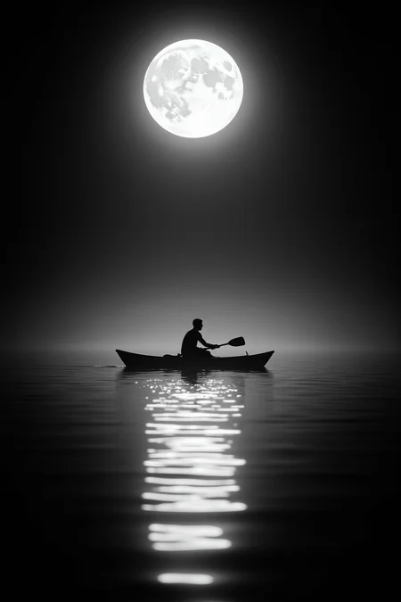 aidmaMJ6.1,
This is a high-contrast black-and-white photograph featuring a solitary rower in a small boat, centered on a calm body of water. The subject, a person in silhouette, is positioned in the middle of the frame, adhering to the rule of thirds, with the boat slightly off-center to the right. The individual is using a single oar, creating a sense of balance and stillness.
Dominating the background is a large, full moon, glowing brightly against the dark night sky, casting an ethereal light across the water. The moonlight reflects off the water’s surface, creating a serene and reflective ambiance. The image uses natural lighting from the moon, which is the primary light source, and the water acts as a mirror, enhancing the tranquil atmosphere.
The photograph employs a shallow depth of field, keeping the background (moon and sky) in focus, while the foreground (the rower and boat) remains sharp. The composition utilizes symmetry, with the rower and boat forming a vertical line that draws the viewer’s eye upward toward the moon. The texture of the water is smooth, with gentle ripples, and the overall mood is peaceful and contemplative.