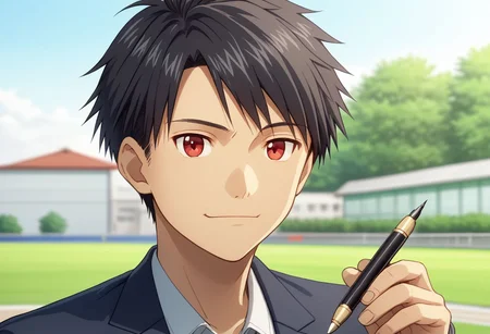 high resolution, solo, best quality, 1Boy, Yamato Ishida, Black Hair, Red Eyes, portraits, proud, outdoor, Holding a Pen, Half Body, Depth Of Field, OverallDetail
