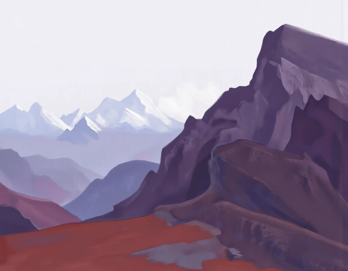 <lora:rerikh:1>, This image is a digital painting that captures a serene, minimalist landscape. The foreground features a rugged, dark purple mountain range with jagged edges and rough textures, dominating the right side of the image. The mountain's surface is textured with a mix of dark and light shades, creating a sense of depth and shadow. Below the mountain, there is a patch of reddish-brown ground, adding a contrasting color.,
In the mid-ground, the landscape transitions into a series of smaller, more rounded mountains that are colored in lighter shades of purple and blue. These peaks are less defined and less prominent than the main mountain, but their presence adds to the depth of the scene.,
In the background, the horizon is marked by a series of towering white and light blue mountains, suggesting snow-capped peaks. The sky above is a gradient of soft, muted colors, transitioning from a light blue at the horizon to a pale, almost white color at the top of the image, creating a sense of vastness and openness.,
The overall style of the painting is minimalist and abstract, with a focus on shapes, colors, and textures rather than detailed realism. The image evokes a sense of calm and solitude, with a tranquil, almost ethereal quality.