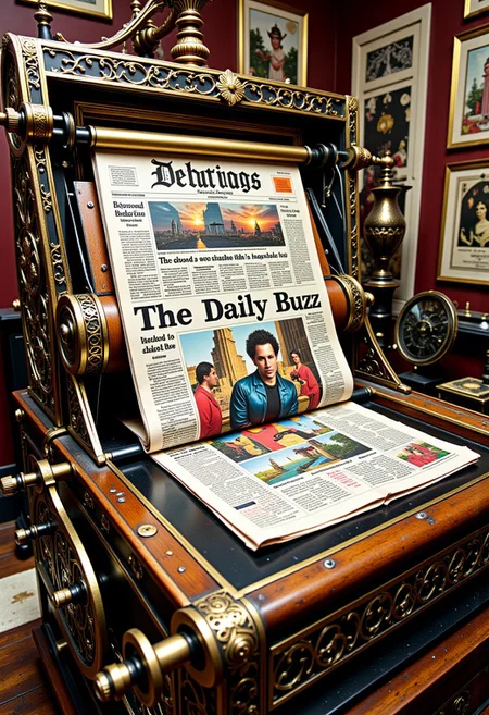 A photo of newspaper printing press, intricate artwork, masterpiece, trending on artstation, highly detailed. watch is metallic. newspaper press is metallic, mtlartCE_style. aidmatextimprover. Printed newspaper has the title "The Daily Buzz", colorful