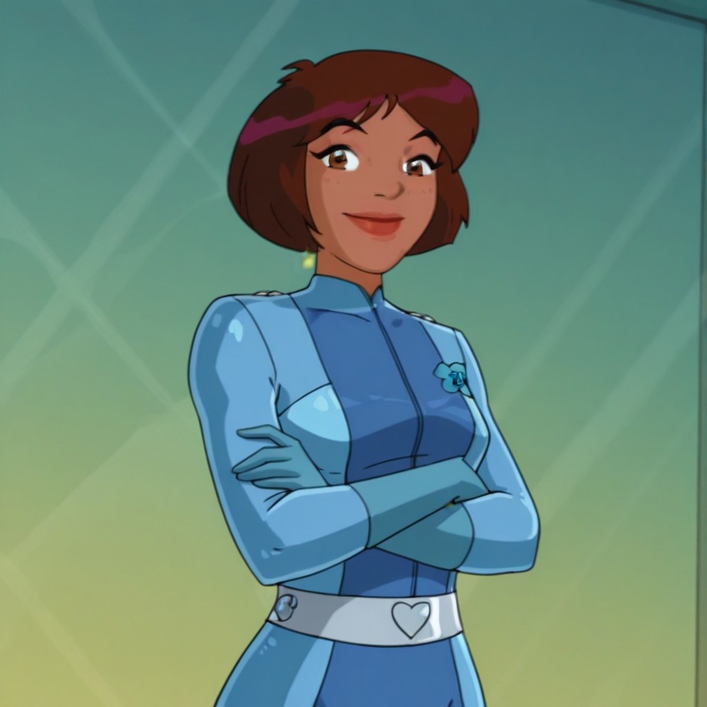 solo, T0tallysp1es, artstyle, 1girl, solo, cartoon, parody, official style, carmen_totally_spies, brown eyes, brown hair, short hair, dark-skinned female, mature female, silver belt, royal blue bodysuit, long sleeves, blue gloves, sexy, large breasts, beautiful, detailed, high detailed, very beautiful, detailed face, detailed eyes, detailed hand, abstract background, smile, smiling, looking at viewer, arms crossed, face focus