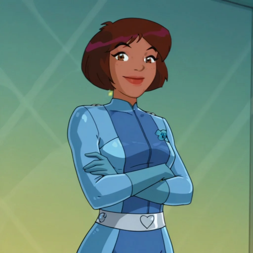solo, T0tallysp1es, artstyle, 1girl, solo, cartoon, parody, official style, carmen_totally_spies, brown eyes, brown hair, short hair, dark-skinned female, mature female, silver belt, royal blue bodysuit, long sleeves, blue gloves, sexy, large breasts, beautiful, detailed, high detailed, very beautiful, detailed face, detailed eyes, detailed hand, abstract background, smile, smiling, looking at viewer, arms crossed, face focus
