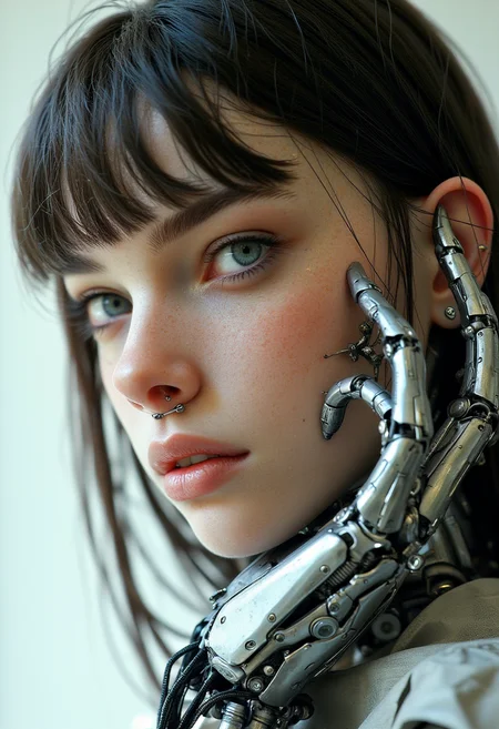 Recypu style, Cyberpunk highly detailed, high-resolution photograph.
A close-up of a young woman's face and robotic hand. The subject has fair skin, blue eyes, and dark brown, shoulder-length hair with bangs that frame her face. Her expression is contemplative, with her lips slightly parted. She has a septum piercing, adding a metallic glint to her nose. The woman's left hand is robotic, made of intricate, metallic components that resemble advanced machinery, with visible wires and gears. The robotic hand is positioned near her face, with the fingers slightly bent and the palm facing forward, creating a dynamic and somewhat eerie contrast with her human features.
The background is a plain, off-white, almost beige, providing a stark contrast to the metallic textures of the robotic hand. The lighting is soft and natural, highlighting the textures of both the skin and the metallic components, giving a sense of realism. The overall style of the artwork is hyper-realistic, with a focus on intricate details and textures, emphasizing the blend of human and machine. The image is a striking combination of science fiction and realism, capturing a moment of introspection and technological integration.