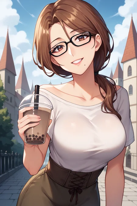 score_9, score_8_up, score_7_up, source_anime, 1girl, prefect lighting, very aesthetic, intricate details, highly detailed background, masterpiece, high quality, prefect hands, best quality, solo,
<lora:Yumiko_Kimura_Tsuma_ni_Damatte_Sokubaikai_ni_Ikun_ja_Nakatta_V1:.85>, KJOyumiko, long hair, brown eyes, mole under mouth, brown hair, low ponytail, hair over shoulder,
high waist jean, t-shirt, off shoulder, black glasses,
smile, leaning forward, holding bubble tea, head tilt, dutch angle,
outdoors, medieval city, smoke, gray sky,
(Beautiful, large Breasts:1.2), natural breasts,
