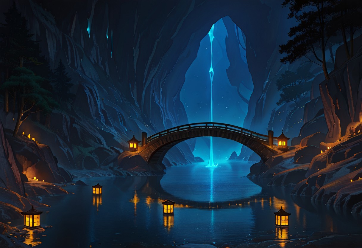 masterpiece, best quality, amazing quality, very aesthetic, absurdres, newest, breathtaking, ajdetaill, scenery, no humans, lantern, tree, bridge, outdoors, water, night, glowing, cave,