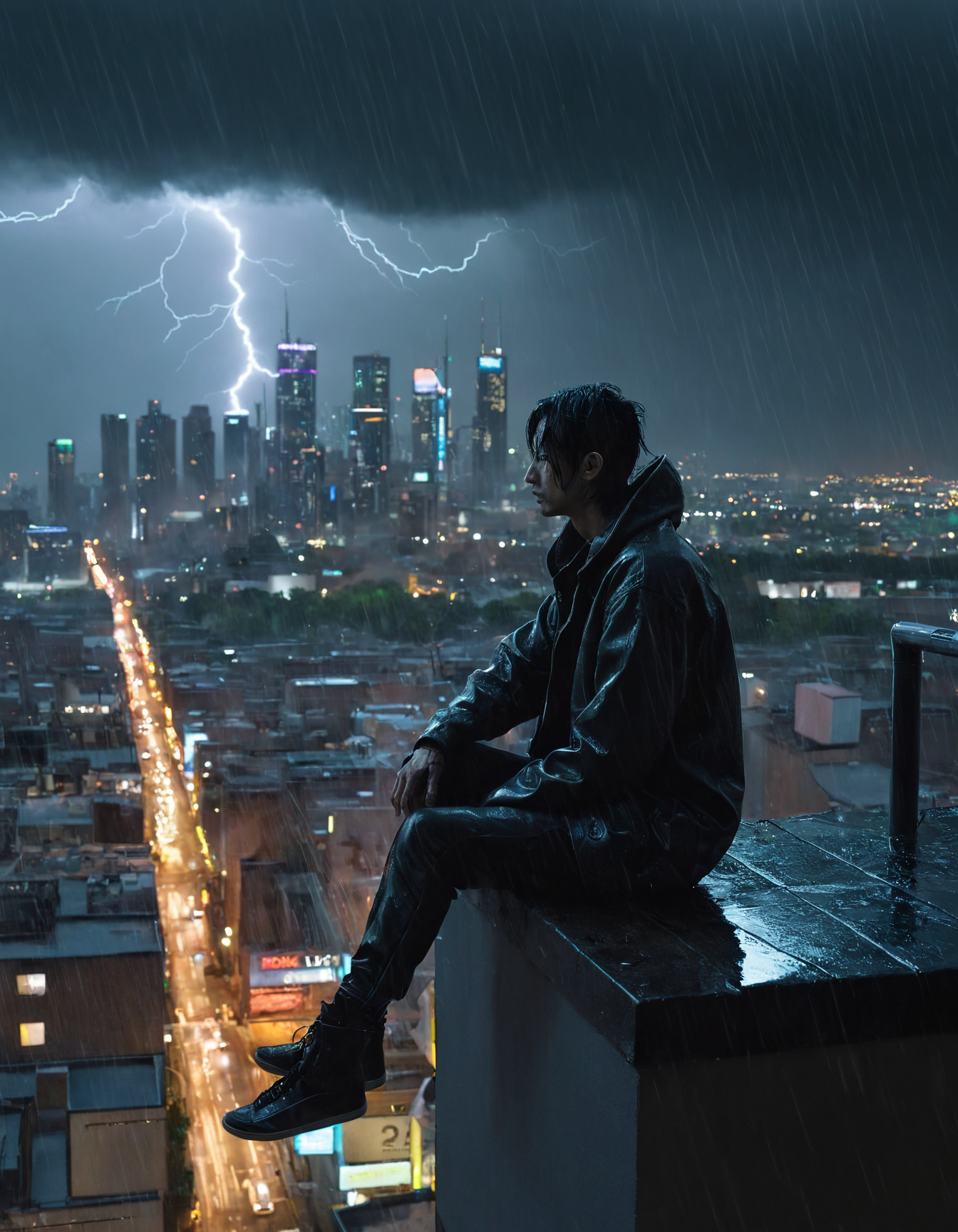 <lora:r0k00g00th:1>,r0k00g00th,r0kur3&l1tyHD. cyberpunk art,, a person sitting on a ledge looking at a city at night with the sun in the distance and buildings in the foreground [2], prompt . ,weather, (rainy:1.5), light rain, drizzle, moderate rain, heavy rain, thunderstorms, thunderstorms with lightning and thunder, showers brief periods of rain,windy, gentle breeze to strong gusts,,