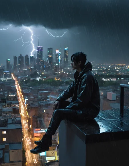 <lora:r0k00g00th:1>,r0k00g00th,r0kur3&l1tyHD. cyberpunk art,, a person sitting on a ledge looking at a city at night with the sun in the distance and buildings in the foreground [2], prompt . ,weather, (rainy:1.5), light rain, drizzle, moderate rain, heavy rain, thunderstorms, thunderstorms with lightning and thunder, showers brief periods of rain,windy, gentle breeze to strong gusts,,