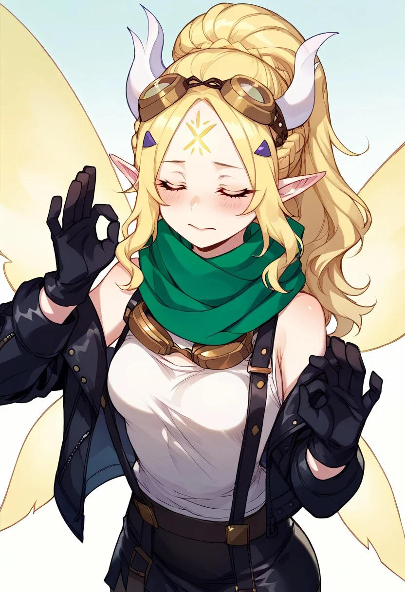 score_9, score_8_up, score_7_up, source_anime, verybadimagenegative_v1.3, easynegative, perfect lighting, ExpressiveH. rating_safe,
BREAK
((yugioh ecclesia), young, grey eyes, long hair, blonde hair, wavy hair, crown braid, high ponytail, hairclips, elf ears, facial mark, fake horns, forehead mark, hair ornament, white horns, fairy wings, (glowing wings:1.5),
BREAK
teardrop breasts, (small breasts:1.2), thin body, heart-shaped ass, perfect body, perfect hands, (petite body:1.2), (small body frame:1.1), short
BREAK
1girl, solo, pachameme, hands up, ok sign, closed eyes (idol dress, (brass goggles, goggles on head), (scarf, green scarf), black jacket, leather jacket, gloves, exposed shoulders, white tank top, black and gold suspenders, short leather skirt, black skirt, pantyhose), sticker