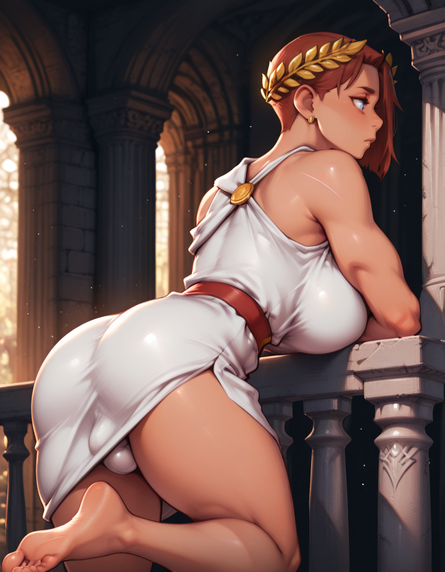 masterpiece,  best quality,  1girl, solo,  absurdres, 
huge breasts,
lucidg,
short hair, brown hair, blue eyes,
white dress, laurel crown, greek clothes, 
bulge,
resting against a railing, one leg lifted, foot against the bars, intense stare, , from behind ,
fantasy, temple, pillars,
glowing, light particles, blurry background,
embedding:SmoothQuality,
