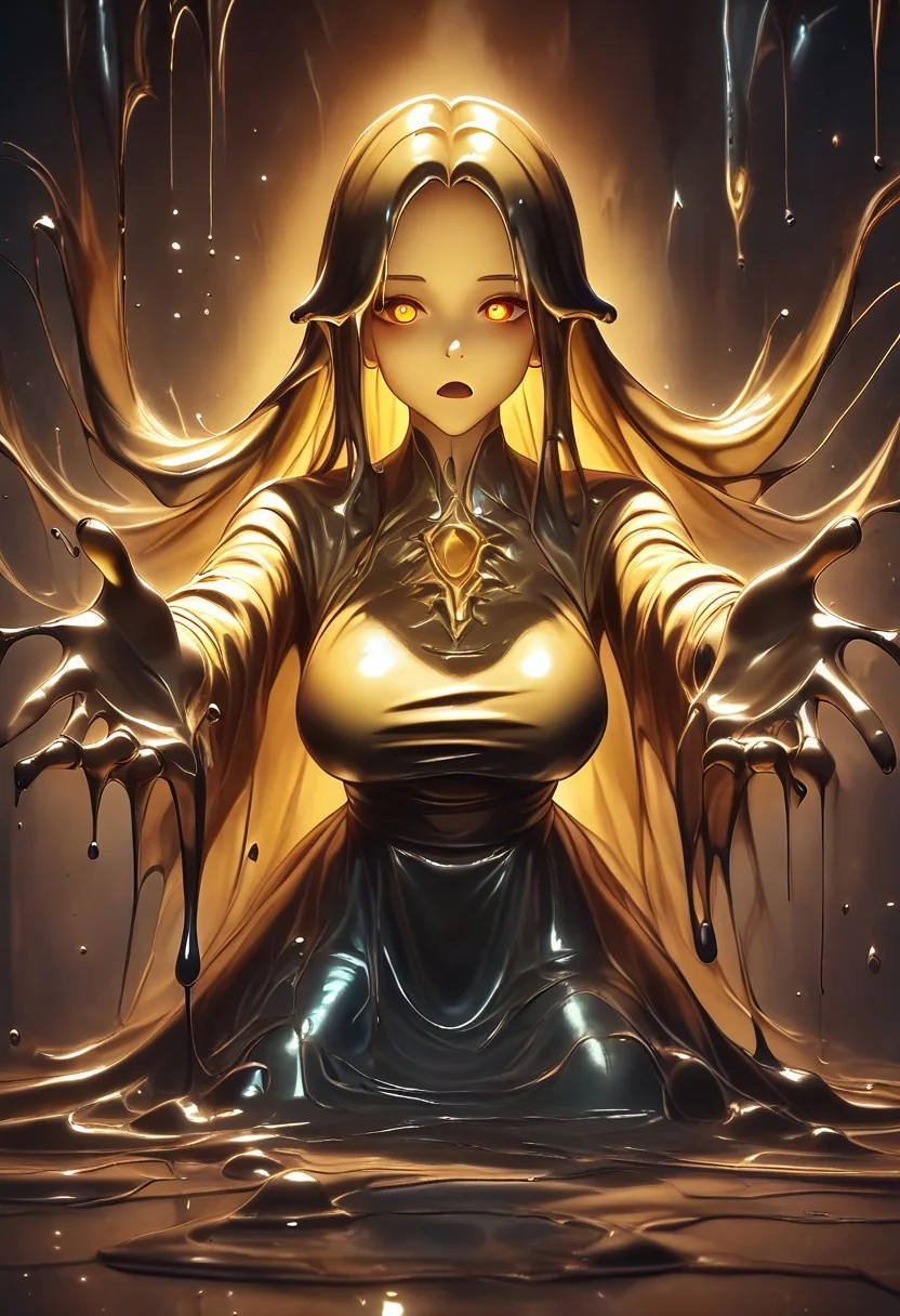 score_9, score_8_up, score_9_up, score_7_up, high quality, masterpiece, highly detailed, 1 girl, (((black slime girl))), large breasts, girl see through body. DonM5h4d0wM317XL, golden kimono dress, golden hair ornament, long hair, glowing golden eyes, reaching out to viewer, dark forest background