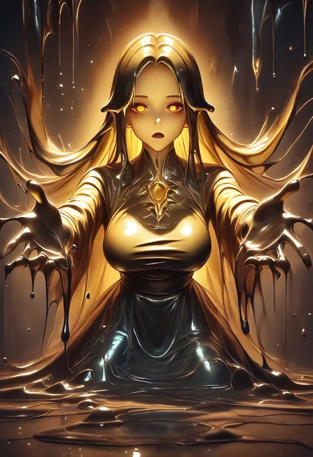 score_9, score_8_up, score_9_up, score_7_up, high quality, masterpiece, highly detailed, 1 girl, (((black slime girl))), large breasts, girl see through body. DonM5h4d0wM317XL, golden kimono dress, golden hair ornament, long hair, glowing golden eyes, reaching out to viewer, dark forest background
