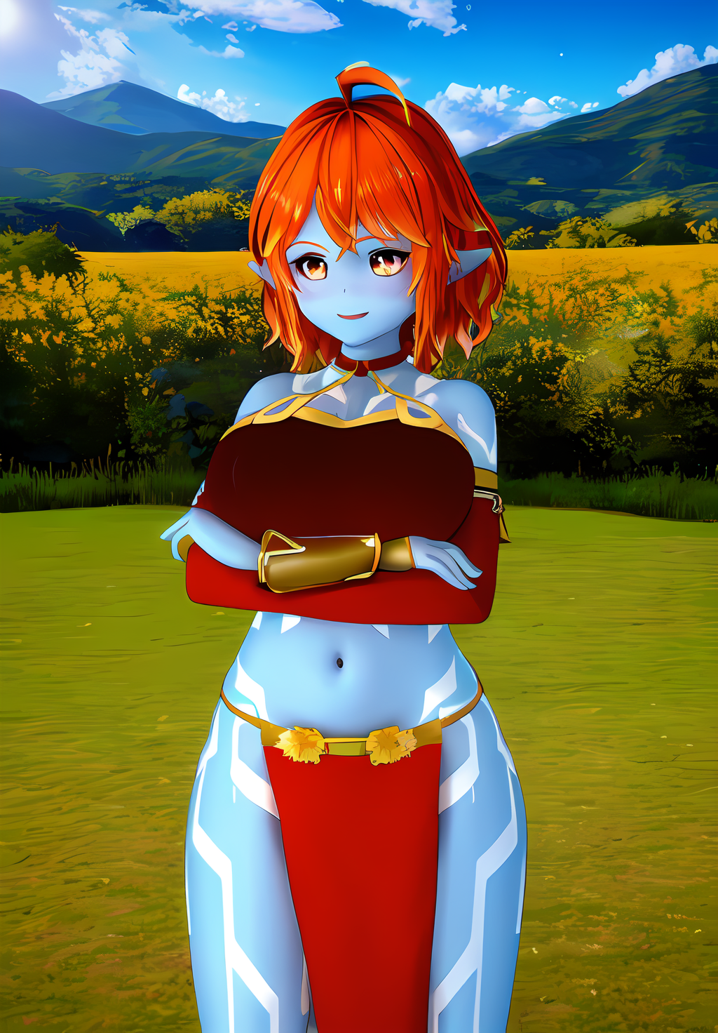 (Photo:1.3), highdetail, <lora:maeve:0.8>, maeve, 1girl, solo, looking at viewer, smile, navel, bare shoulders, standing, ahoge, midriff, orange hair, tattoo, crossed arms, bridal gauntlets, pelvic curtain, blue skin, (masterpiece, best quality, absurdres, detailed, ultra-detailed:1.3), (high details, 8k:1.3)