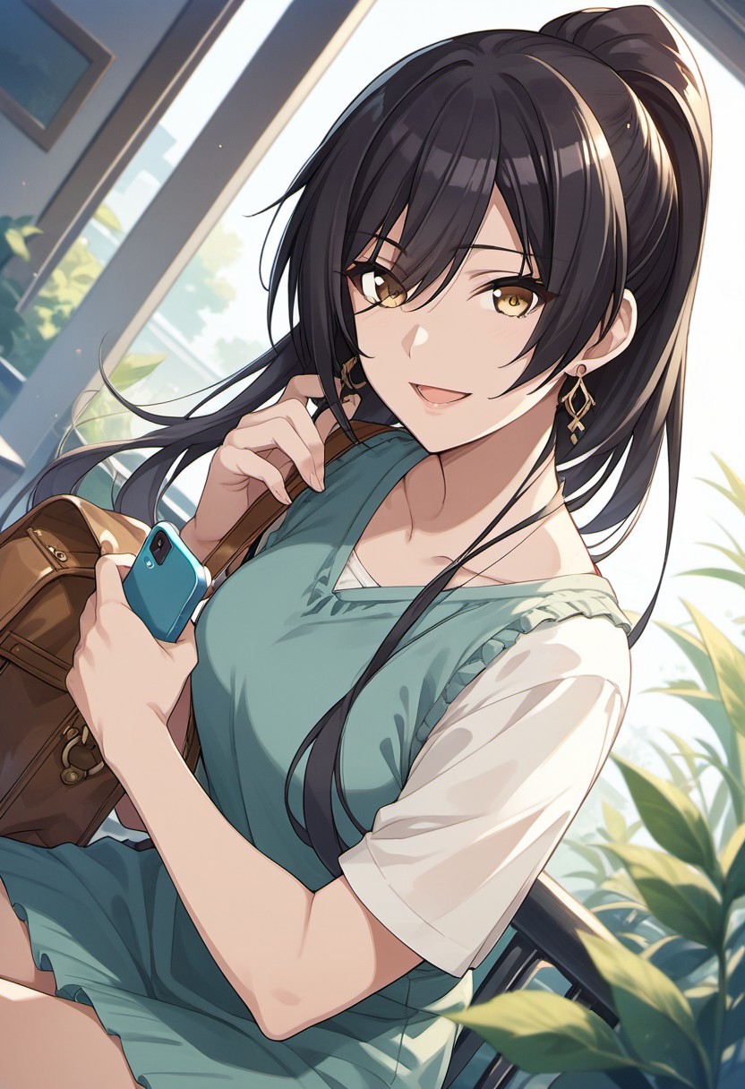 score_9, score_8_up, score_7_up, source_anime, shirase sakuya, black hair, long hair, yellow eyes, 1girl, solo, jewelry, bag, sitting, shirt, earrings, looking at viewer, smile, ponytail, phone, dutch angle, open mouth, collarbone