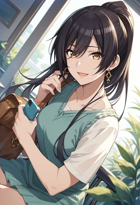 score_9, score_8_up, score_7_up, source_anime, shirase sakuya, black hair, long hair, yellow eyes, 1girl, solo, jewelry, bag, sitting, shirt, earrings, looking at viewer, smile, ponytail, phone, dutch angle, open mouth, collarbone