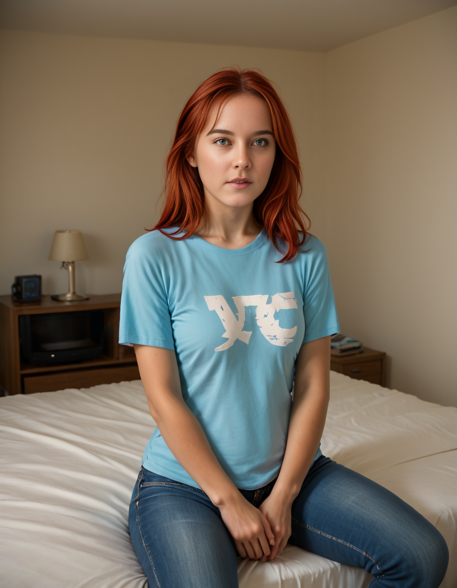 score_9,score_8_up,realistic,1girl,hair,woman,<lora:MitchyX:1>,mitchyx,red hair,jeans,tshirt,sitting on end of bed,modern bedroom,tv on,