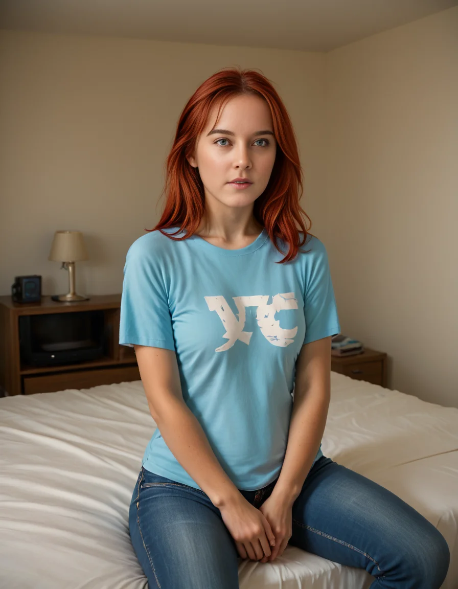 score_9,score_8_up,realistic,1girl,hair,woman,<lora:MitchyX:1>,mitchyx,red hair,jeans,tshirt,sitting on end of bed,modern bedroom,tv on,