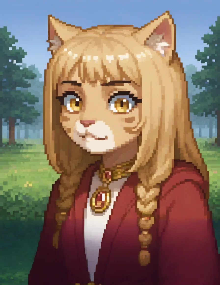 cinematic still Original HoMM2 style portrait of a cute Khajiit witch. She has long hair with bangs, yellow eyes, spotted fur with long tassels on her face, lots of jewelry, and wears a red robe. A lush forest under a clear blue sky is in the background . emotional, harmonious, vignette, 4k epic detailed, shot on kodak, 35mm photo, sharp focus, high budget, cinemascope, moody, epic, gorgeous, film grain, grainy, fairy tale Original HoMM2 style portrait of a cute Khajiit witch. She has long hair with bangs, yellow eyes, spotted fur with long tassels on her face, lots of jewelry, and wears a red robe. A lush forest under a clear blue sky is in the background . magical, fantastical, enchanting, storybook style, highly detailed, retro game art Original HoMM2 style portrait of a cute Khajiit witch. She has long hair with bangs, yellow eyes, spotted fur with long tassels on her face, lots of jewelry, and wears a red robe. A lush forest under a clear blue sky is in the background . 16-bit, vibrant colors, pixelated, nostalgic, charming, fun, Original HoMM2 style portrait of a cute Khajiit witch. She has long hair with bangs, yellow eyes, spotted fur with long tassels on her face, lots of jewelry, and wears a red robe. A lush forest under a clear blue sky is in the background, ambient light, detailed, dynamic, full color, intricate, elegant, highly contrasted