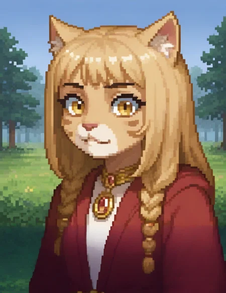 cinematic still Original HoMM2 style portrait of a cute Khajiit witch. She has long hair with bangs, yellow eyes, spotted fur with long tassels on her face, lots of jewelry, and wears a red robe. A lush forest under a clear blue sky is in the background . emotional, harmonious, vignette, 4k epic detailed, shot on kodak, 35mm photo, sharp focus, high budget, cinemascope, moody, epic, gorgeous, film grain, grainy, fairy tale Original HoMM2 style portrait of a cute Khajiit witch. She has long hair with bangs, yellow eyes, spotted fur with long tassels on her face, lots of jewelry, and wears a red robe. A lush forest under a clear blue sky is in the background . magical, fantastical, enchanting, storybook style, highly detailed, retro game art Original HoMM2 style portrait of a cute Khajiit witch. She has long hair with bangs, yellow eyes, spotted fur with long tassels on her face, lots of jewelry, and wears a red robe. A lush forest under a clear blue sky is in the background . 16-bit, vibrant colors, pixelated, nostalgic, charming, fun, Original HoMM2 style portrait of a cute Khajiit witch. She has long hair with bangs, yellow eyes, spotted fur with long tassels on her face, lots of jewelry, and wears a red robe. A lush forest under a clear blue sky is in the background, ambient light, detailed, dynamic, full color, intricate, elegant, highly contrasted