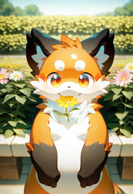 (zuppu11), xi410, 748cm, alens, nyalia, kyomu, 1boy, solo, furry, cute, kemono, masterpiece, best quality, very awa, very aesthetic, absurdres, sentensive, looking at viewer, on garden, flower on mouth