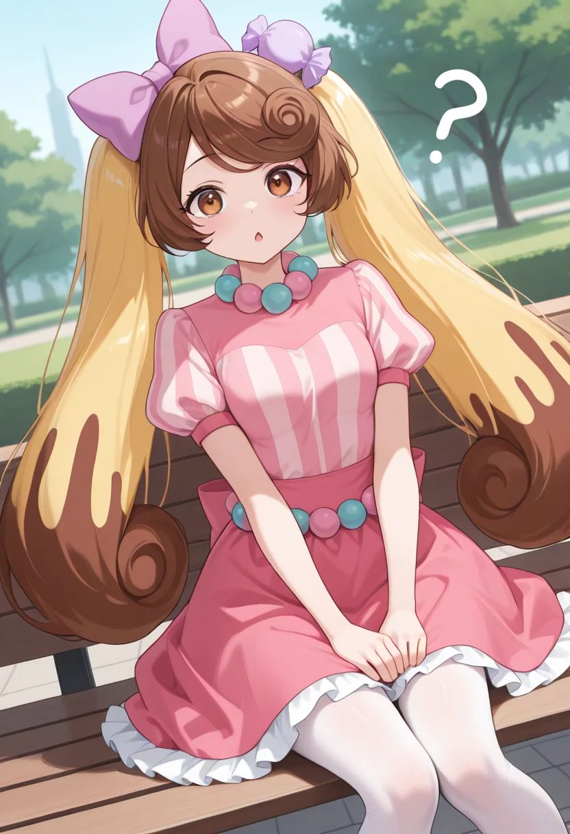 1girl,solo,<lora:candylapinil:0.9>,candylapin_(show_by_rock!!),brown eyes,brown hair,blonde hair,multicolored hair,twintails,long hair,hair bow,purple food-themed hair ornament,pink dress,white pantyhose,striped,short sleeves,puffy sleeves,looking_at_viewer,cowboy_shot,dynamic_angle,confused,head_tilt,ï¼,chestnut mouth,day,park,knees_together_feet_apart,sitting,sitting_on_bench,masterpiece,best quality,good quality,newest,incredibly absurdres,beads,beads belt,