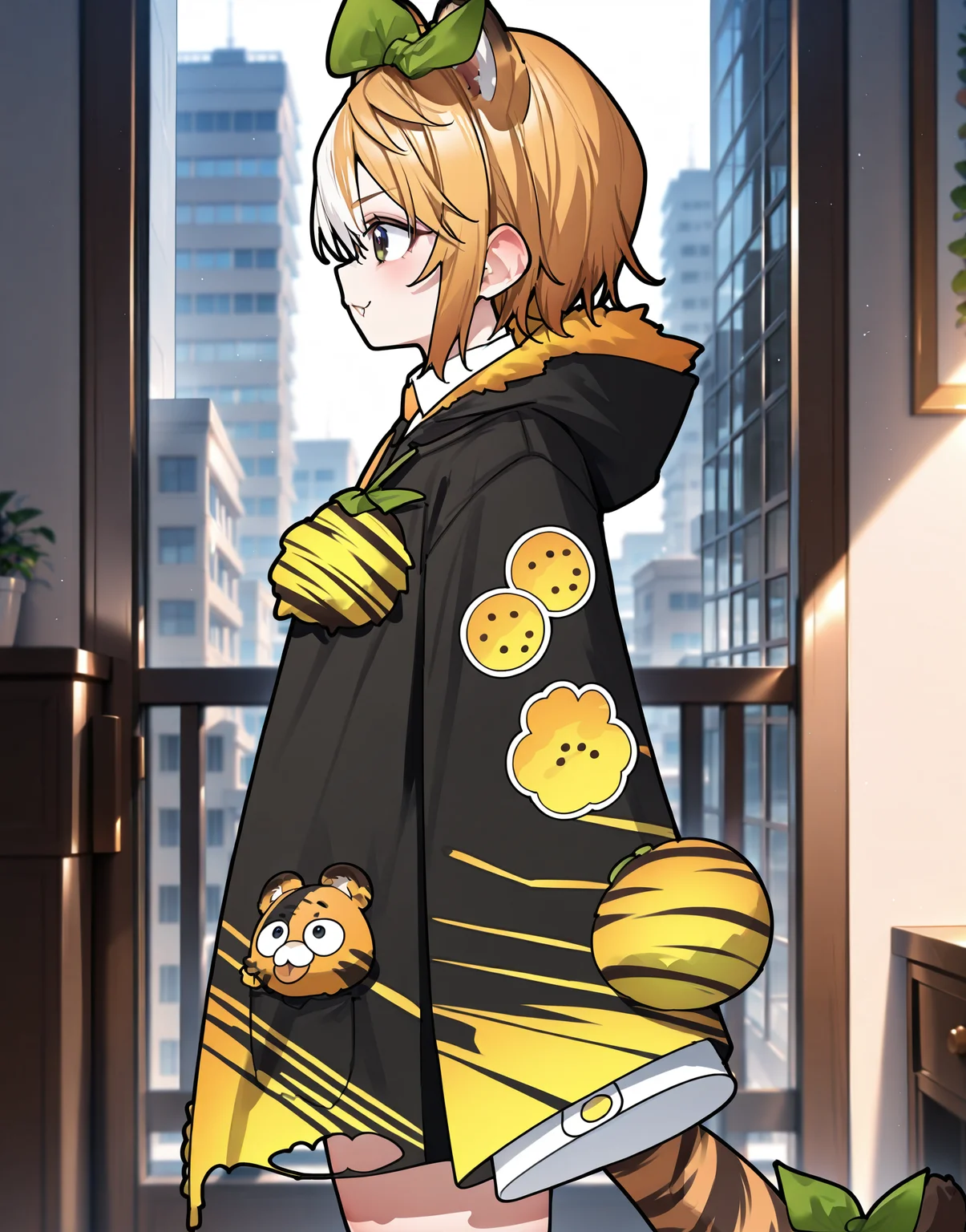 masterpiece, perfect quality, best quality, absolutely eye-catching, absurdres, highres, newest, 1girl, <lora:tomomitorayaIllustriousXL:1>, tomomitoraya, jacket, cowboy shot, from side,