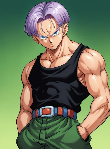score_9, score_8_up, score_8, score_9, score_8_up, score_7_up,zPDXL2, source_anime,
burning forest, gradient background, green background, artstyle_onepiece_mangacolored_ownwaifu,
ftrunksxl, solo, looking at viewer, 1boy, male focus, black shirt, pectorals, standing, belt,tank top, hand in pocket, bowl cut, 1990s \(style\),
<lora:ftrunksxl:0.7> , <lora:PONYXL_OnePiece_MangaColored_ownwaifu:0.6>