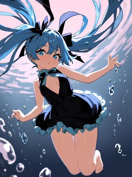 masterpiece, best quality, <lora:style578-a31-000020:1>,
1girl, solo, dress, long hair, underwater, hatsune miku, twintails, blue eyes, black dress, blue hair, bubble, breasts, air bubble, barefoot, very long hair, parted lips, cleavage, bangs, looking at viewer, sleeveless dress, frilled dress, sleeveless, medium breasts, floating hair, frills, bare arms, bow, ribbon, black bow, bare legs, submerged, hair ribbon, hair between eyes, fish, blue theme, bare shoulders, hair bow, black ribbon