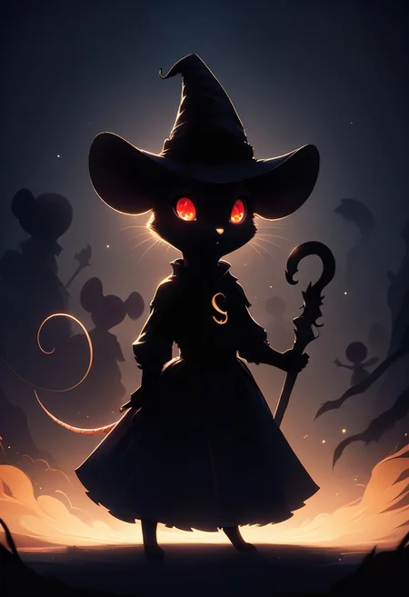 score_9,score_8_up,score_7_up,score_6_up,score_5_up,score_4_up, (((red))), backlight colors, (silhouette:2), backlighting, glowing red eyes, twinkling night sky, starry, bright colors, high contrast, vivid lighting, (((mouse))), (solo), (solo:2), furry, (feral), dress, (witch hat), (holding magic staff), abstract background, fire background,