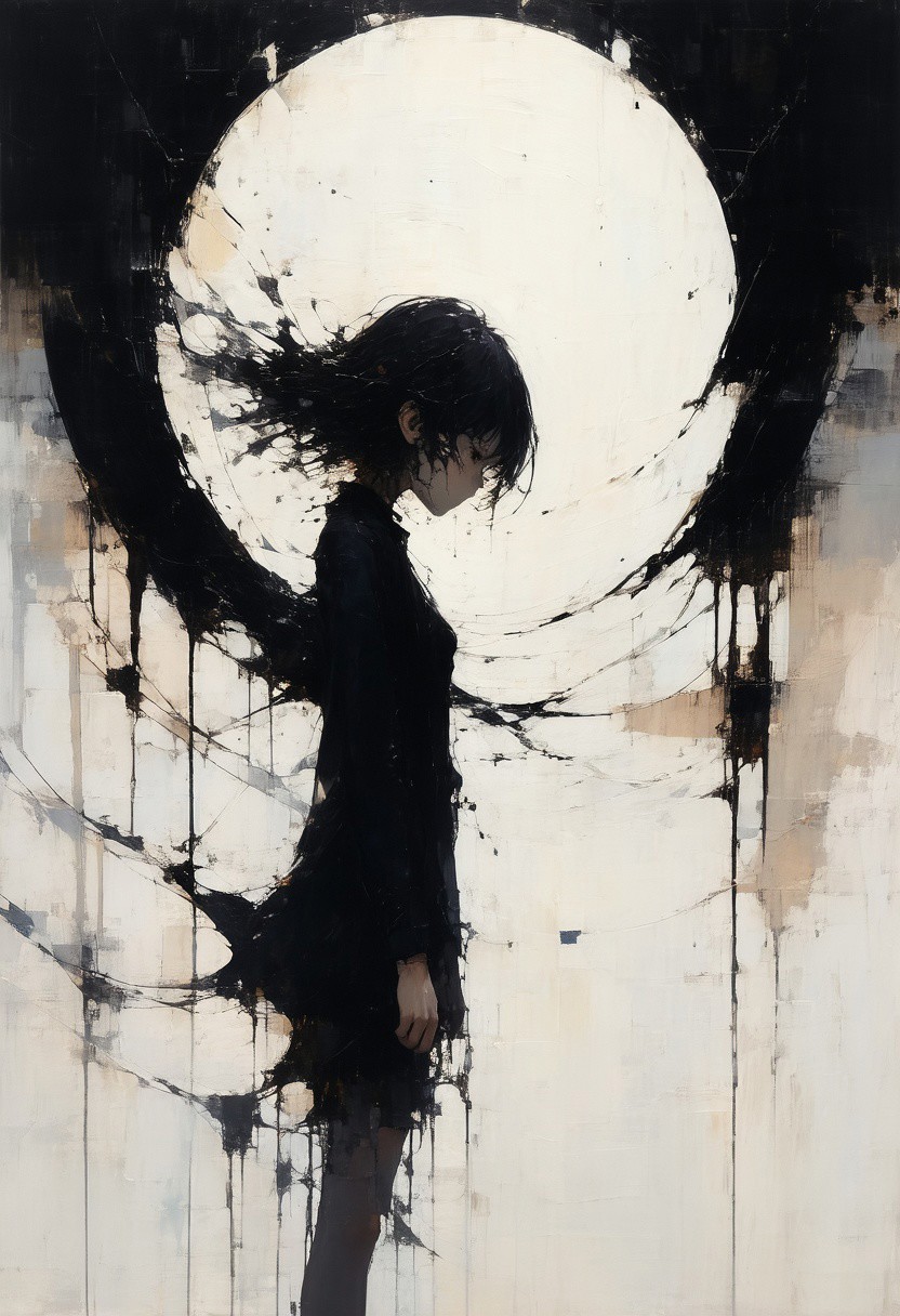 ,anime art , by Ashley Wood, young  woman,, An abstract, dreamlike body, of a young hair queen  with a mesmerizing Turing Patterns background, where the black color creates an illusion of depth, producing a parallax effect that draws the viewer's eye in, as if the subject is emerging from a vortex of swirling, dark, and mysterious patterns, her face a blend of soft, ethereal features and sharp, geometric lines, with a three-quarter view that invites the viewer to step into her world, where the boundaries between reality and abstraction blur.
