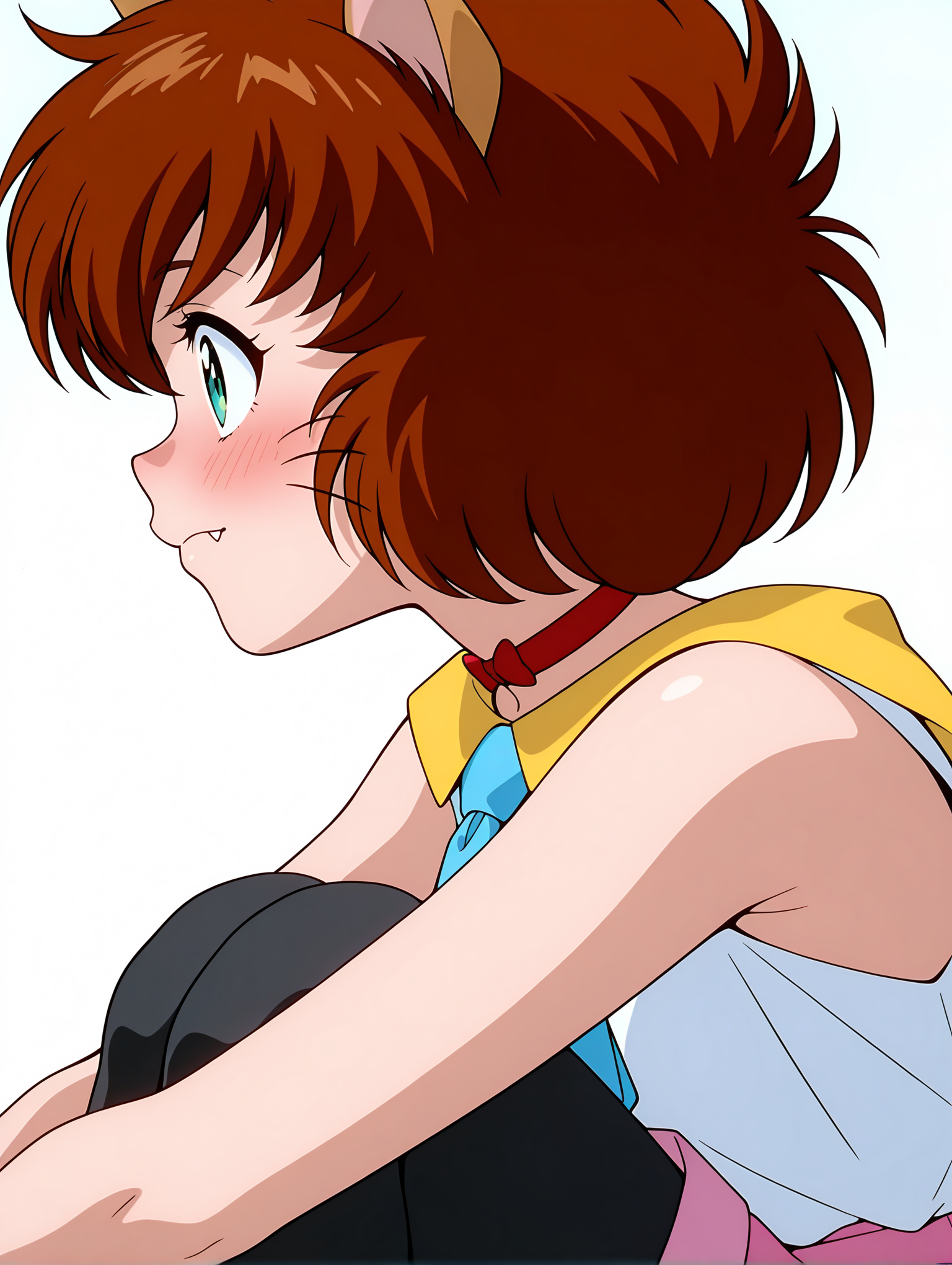 masterpiece,best quality,amazing quality,
1girl,solo,
anime screencap,<lora:koto_ilxl_v1.0:1>,koto,brown hair,green eyes,whiskers,fang out,
k_clothes,yellow collar,red ribbon choker,white sleeveless shirt,blue necktie,pink shorts,black_pantyhose,
<lora:Fixhands_anime_bdsqlsz_V1:1>,blush,simple background,white background,upper_body,hugging own legs,looking ahead,profile,