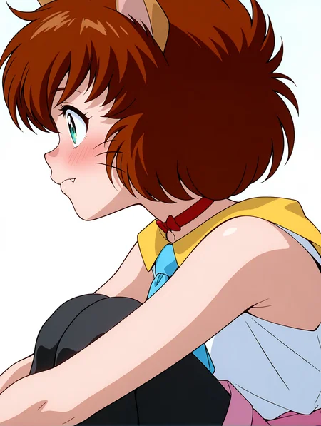 masterpiece,best quality,amazing quality,
1girl,solo,
anime screencap,<lora:koto_ilxl_v1.0:1>,koto,brown hair,green eyes,whiskers,fang out,
k_clothes,yellow collar,red ribbon choker,white sleeveless shirt,blue necktie,pink shorts,black_pantyhose,
<lora:Fixhands_anime_bdsqlsz_V1:1>,blush,simple background,white background,upper_body,hugging own legs,looking ahead,profile,