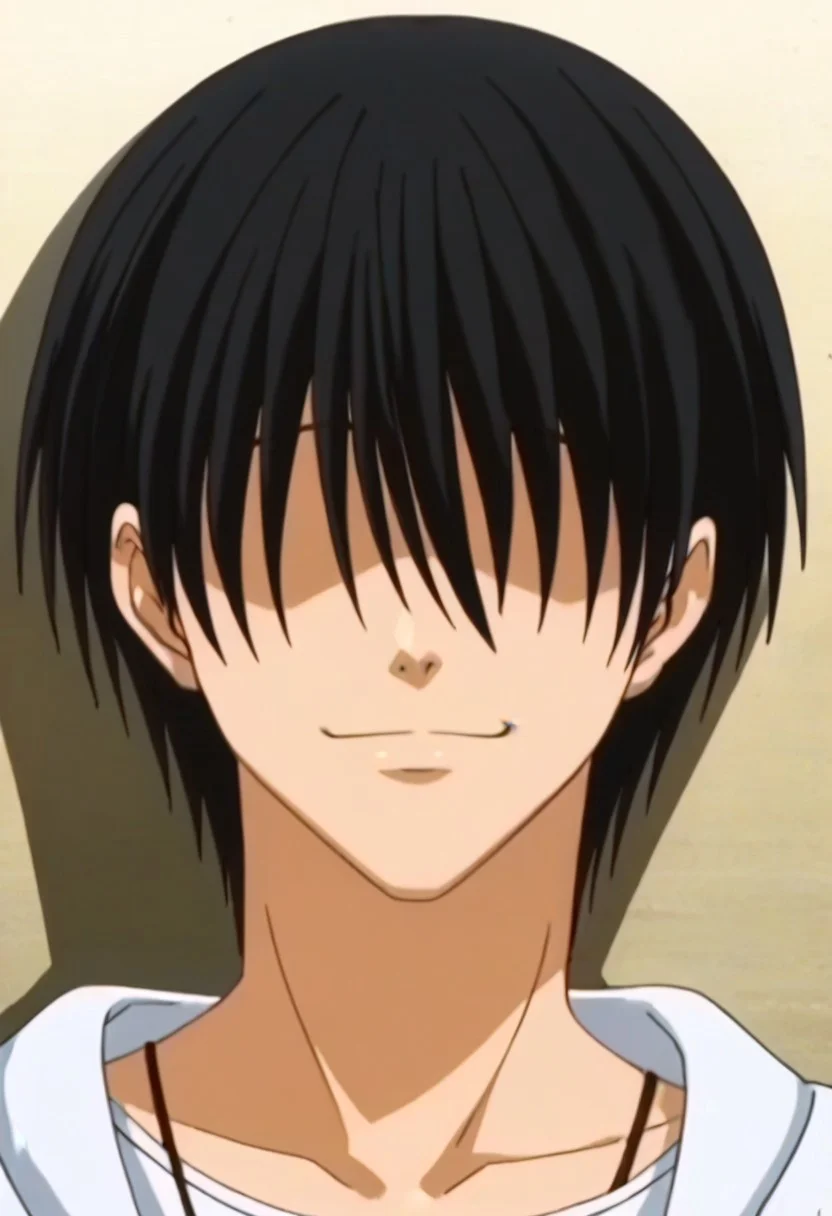 ((masterpiece)), ((best quality)), ((ultra-detailed)), ((absurdres)), score_9_up, score_8_up, score_7_up,
HD, top quality, best quality, amazing quality, High-quality illustrations, anime screencap, source_anime, best aesthetic, perfect proportions, perfect eyes, 1boy, 1male, solo boy, solo male, male focus, solo male focus, Anime, boy, male anime character, anime boy, handsome, cute, charming, sexy, Mamoru Kaminuma, black hair, very long bangs, no eyes, ((eyeless)), ((smile, closed mouth)), ((face only, face focus, face shot)), easynegative, updn, Expressiveh, masterpiece, best quality, very aesthetic, absurdres
