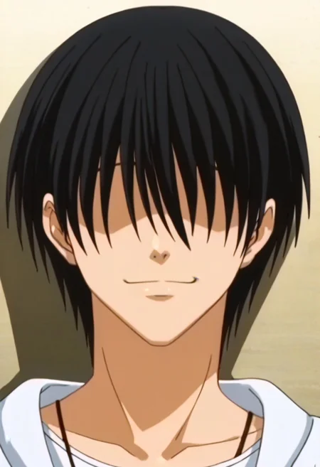 ((masterpiece)), ((best quality)), ((ultra-detailed)), ((absurdres)), score_9_up, score_8_up, score_7_up,
HD, top quality, best quality, amazing quality, High-quality illustrations, anime screencap, source_anime, best aesthetic, perfect proportions, perfect eyes, 1boy, 1male, solo boy, solo male, male focus, solo male focus, Anime, boy, male anime character, anime boy, handsome, cute, charming, sexy, Mamoru Kaminuma, black hair, very long bangs, no eyes, ((eyeless)), ((smile, closed mouth)), ((face only, face focus, face shot)), easynegative, updn, Expressiveh, masterpiece, best quality, very aesthetic, absurdres