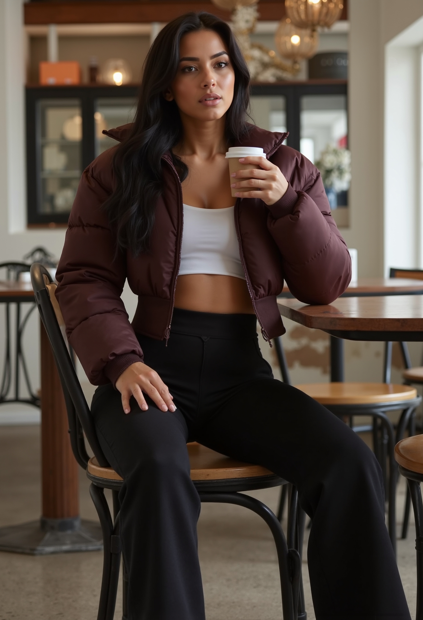 clo017, full body shot of a beautiful woman, lang black hair, wearing a cropped chocolate-brown puffer jacket with a high collar and ribbed waist panels, ribbed waistband, white crop top, long black trousers, sneakers, stitting in a coffeshop at a table and dring a coffee, medium round breasts
