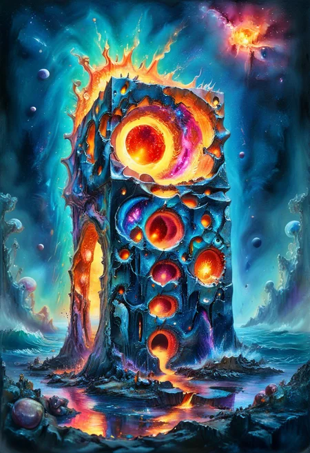 watercolor painting, Surreal, masterpiece, Oceans of molten metal. Space. torn stars and galaxies. cosmic rivers. Destruction. Skeletal structures. towers. distorted reality. black hole. Gods. surreal. ultra quality , 8k, best quality, textural, artistic, midjourneyv6.1, cube, surr, cube impression, vivid color, Colorful Chaos Cracks and Drops, psychedelicv2lora, colorful, psychvibes artstyle, abstract, scenery