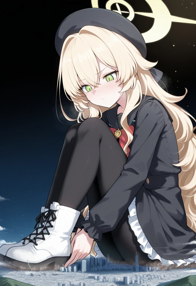 Destruction, Dense urban clusters, Small city, Cityscape, Little city under feet,
 Beautiful detailed girl, Lovely face, Delicate detailed eyes, Diamond and glaring eyes, Subject featured prominently, Light particles, Depth of field,Masterpiece, Extremely detailed CG unity 8k wallpaper, Best quality, Illustration, Artbook, Intricate detail, Unity Creations, Game CG, Finely detail, Amazing, Highres,Solo, Female focus, source_anime, Macro, 
Looming, Rampage, 
(lien, rakia \(ds00309\), welt \(kinsei koutenkyoku\), kuro oolong, tempuru, aonagi ibane, terada ochiko: 1.0),(giga size:1.3),
professor niyaniya (blue archive)，(beret，black dress，blonde hair，bow，bowtie，double-parted bangs，dress，frilled dress，green eyes，hair between eyes，halo，long sleeves，red bow，red bowtie，yellow halo，black pantyhose, white footwear, cross-laced footwear,fold-over boots:1.3)