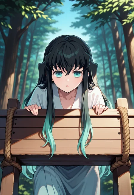 masterpiece, best quality, intricate details, , , depth of field, 1boy, solo, male focus, <lora:muichirou_tokitou_ilxl:0.96>, muichirou_tokitou, black hair, aqua eyes, long hair, bangs, hair between eyes, sidelocks, multicolored hair, two-tone hair, gradient hair, aqua hair, forest sanctuary, tree platforms, rope bridges, leaf houses, climbing pose, adventurous expression, morning,