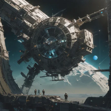 "drifting through the hard vacuum of space, somewhere between solar systems, an immense space station of clearly non-human design, left abandoned by whatever sentient species constructed it, the only sign thus far that we might not be alone in the galaxy." ((cinematic concept-art illustration, ultra-detailed, imagination-capturing creativity)), 7-HyperSpace