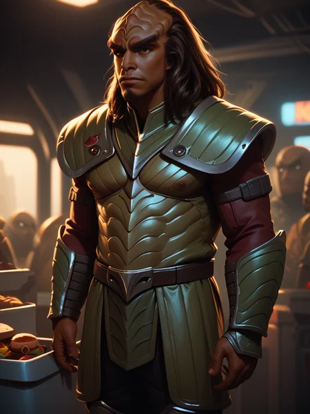 standing in line at a food truck <lora:Klingon_v2_pony:1> score_9,score_8_up,score_7_up,score_6_up,score_5_up,score_4_up , 1man, kling0n alien, large forehead ridges, brown skin, large eyebrows, wearing warrior armor,