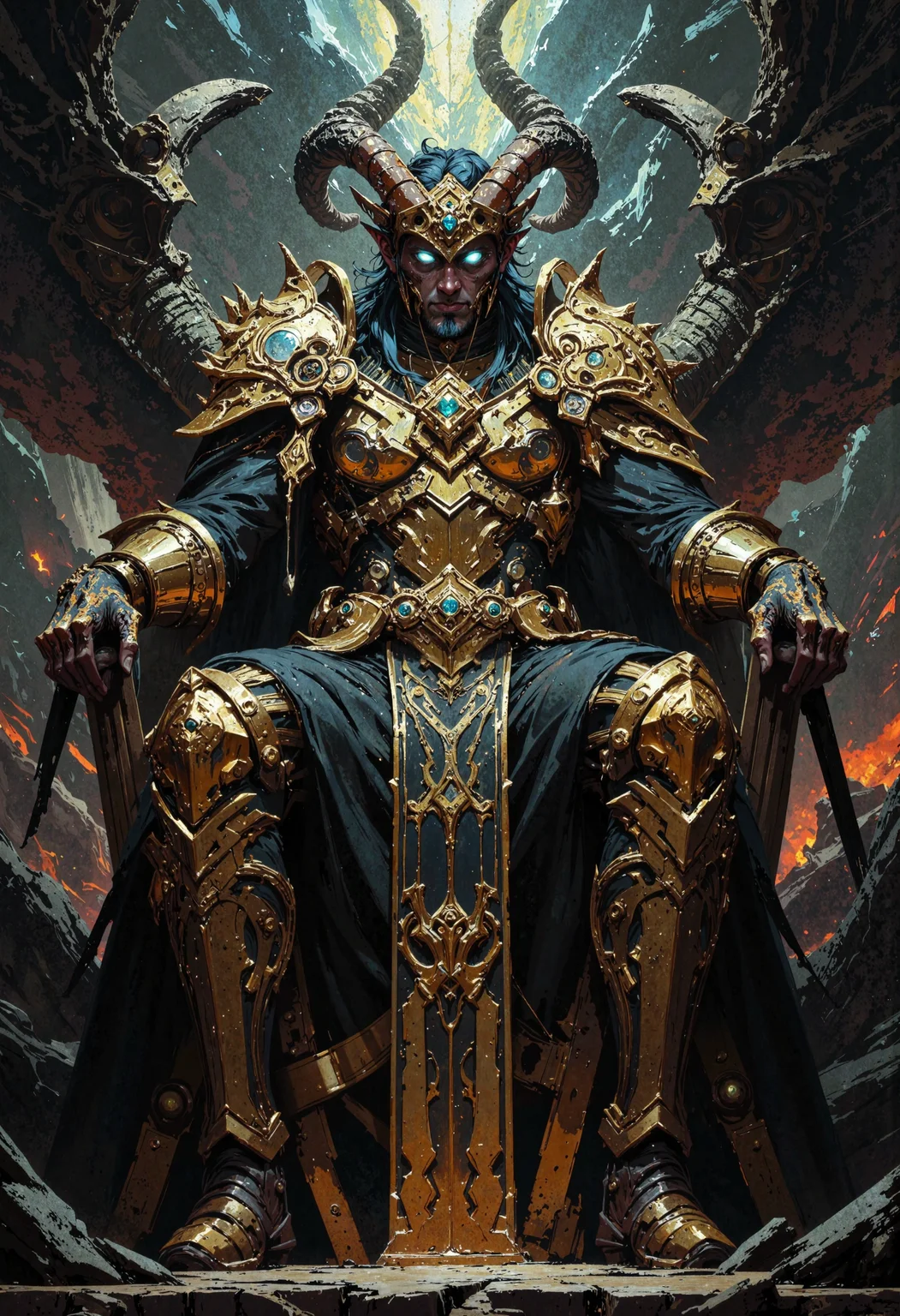 masterpiece, high-quality, A proud, horned figure dressed in elaborate black-and-gold armor, gazing down from a throne hewn out of twisting obsidian spires. Behind him, fragmented realities swirl, reflecting infinite versions of his dark kingdom. The flicker of collapsing timelines casts violent, dancing shadows across his fierce, regal face. hyperdetailed, refined details, heavy chiaroscuro, best quality, high resolution, <lora:FLUX\FLUX-daubrez-DB4RZ:0.3> <lora:FLUX\Anime v1.3:0.5> <lora:FLUX\DarksunRiddV4:0.6> <lora:FLUX\ArcaneFGTNR:0.5>