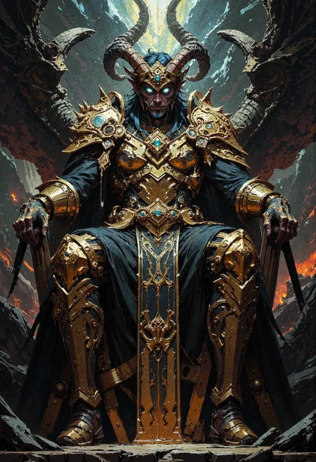masterpiece, high-quality, A proud, horned figure dressed in elaborate black-and-gold armor, gazing down from a throne hewn out of twisting obsidian spires. Behind him, fragmented realities swirl, reflecting infinite versions of his dark kingdom. The flicker of collapsing timelines casts violent, dancing shadows across his fierce, regal face. hyperdetailed, refined details, heavy chiaroscuro, best quality, high resolution, <lora:FLUX\FLUX-daubrez-DB4RZ:0.3> <lora:FLUX\Anime v1.3:0.5> <lora:FLUX\DarksunRiddV4:0.6> <lora:FLUX\ArcaneFGTNR:0.5>