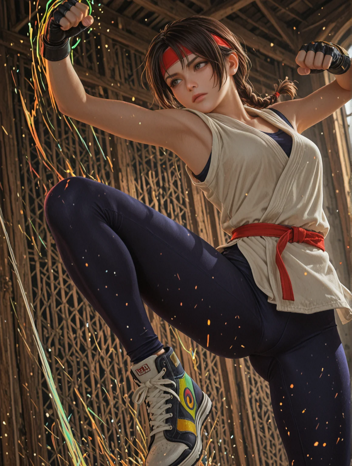 ,Jeddtl02,F4st,IllusP0s, cinematic lighting, Masterwork, masterpiece, best quality, (very aesthetic), (absurdres), newest, 8k, clear eyes, (detailed_eyes:1.2), detailed hands((colorful)), BREAK,1girl,Yuri Sakazaki\(kof)\,brown hair, brown eyes, single braid,dougi,armpits , power up aura , sneakers, spandex, headband, fingerless gloves,karate fighting stand, serious eyes, o sound mouth, karate dojo