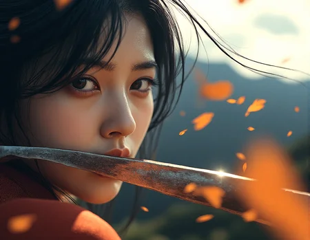 An extreme realism wide shot of a kunoichi, wielding a wakizashi in an autumnal setting inspired by the Edo period. The scene captures the motion of strong winds, swirling leaves, and the dark clouds looming over a rugged mountainous landscape, all reflected in her intense amber eyes.