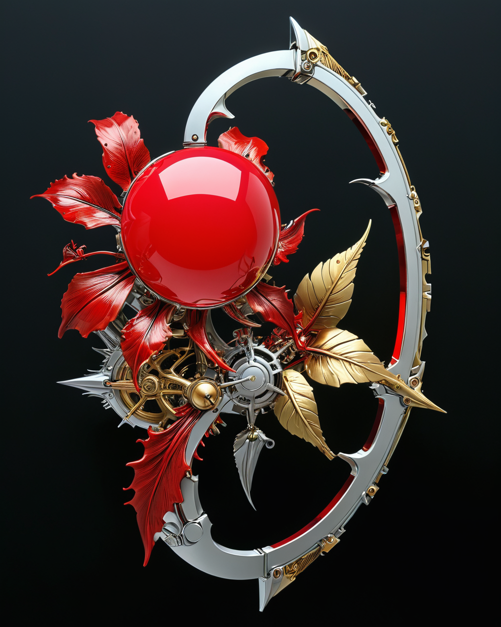 blood red, Roger Dean, Rodney Matthews, silver, chrome, elegant, intricate,  golden ratio, viewed from the side, black background, <lora:xl_more_art-full_v1:0.5> <lora:add-detail-xl:0.75>  <lora:MJ52:0.4>